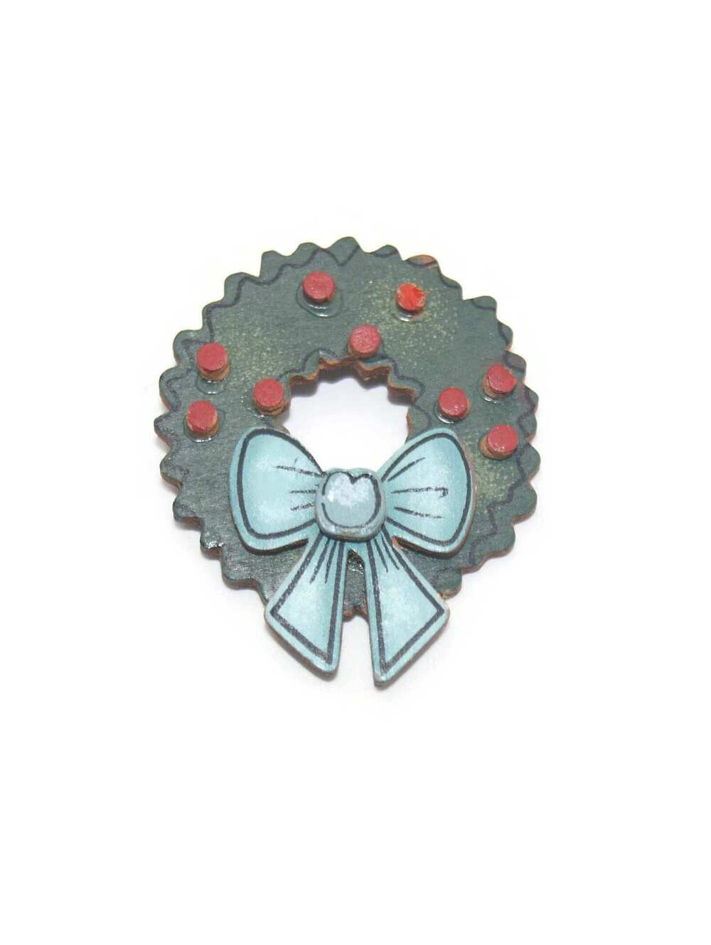 Vintage Wood Christmas Wreath Brooch with Green, Red and Blue Enamel.